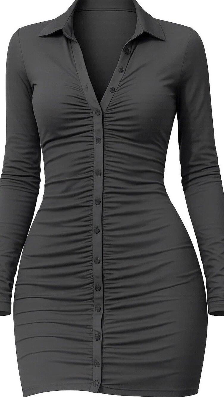 Ruched Button Front Mini Dress Black LS Bodycon Women’s S NWT